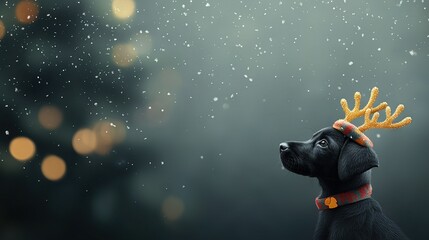   A black dog wearing a reindeer's antlers on its head in front of a Christmas tree