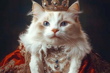 A majestic feline adorned with a brilliant golden crown and luxurious garments embellished with jewels, capturing an aura of sophistication and royal elegance.