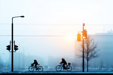 Clean depiction of cyclists riding through a snowy urban park under a pale winter sky. The minimalist design emphasizes activity and nature in a wintry cityscape.