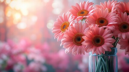 Pink gerbera daisies in a glass vase, soft light background.