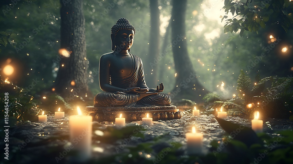 Poster tranquil buddha statue encircled by glow of candles in enchanted forest for meditation and wisdom : 