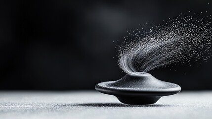   A photo of a salt and pepper shaker in black and white, with a clear image of the shaker being sprinkled with salt on a table