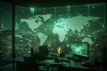 Obraz premium A global business concept with a glowing world map projection in a high-tech corporate office, symbolizing worldwide connectivity and growth with copy space. Cool futuristic light.