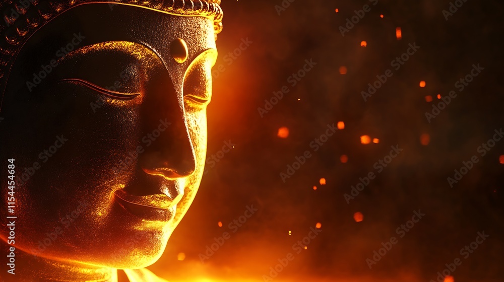 Aufkleber Radiant Buddha Statue in Warm Glow Creating Mystical Aura with Floating Sparkles and Serenity : Generative AI