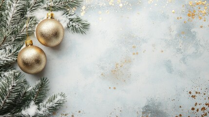 Beautiful Christmas tree background with Christmas tree branches and gold Christmas tree toys