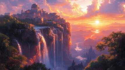 A vibrant sunset over a cascading waterfall and a majestic city on a cliff.