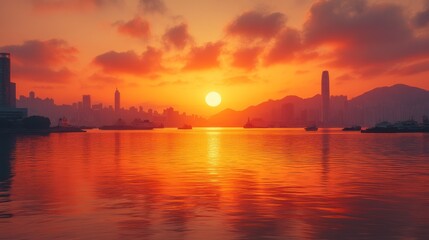 A vibrant sunset over a city skyline reflecting on the water.