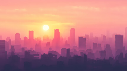 Surreal foggy city skyline at sunrise blending urban and natural landscapes. Ironscape. Illustration