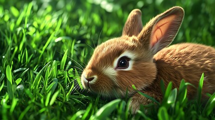 Fototapeta premium The rabbit on the green grass field