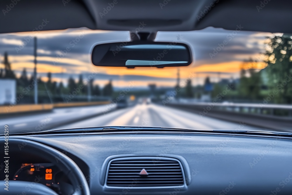Poster fast motion drive captured through car windshield with blurred background at sunset : generative ai