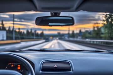 Fast Motion Drive Captured Through Car Windshield with Blurred Background at Sunset : Generative AI