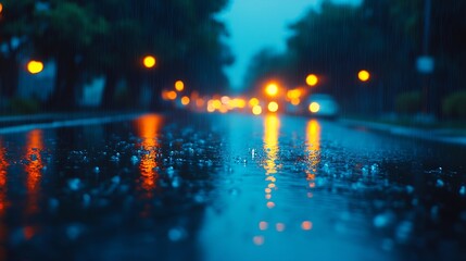 Rainy night street scene with vibrant city lights reflecting on wet pavement : Generative AI