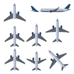 Passenger aircraft in different views. Set of airplane in flat style
