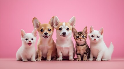Adorable Puppies and Kittens on Pink Background Perfect for Pet Lovers : Generative AI