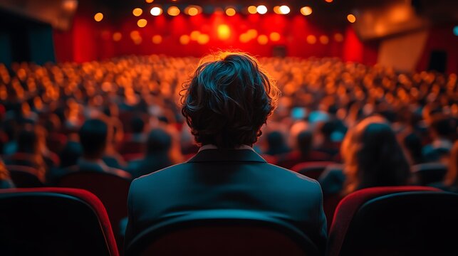 Man seated in theater audience facing stage.