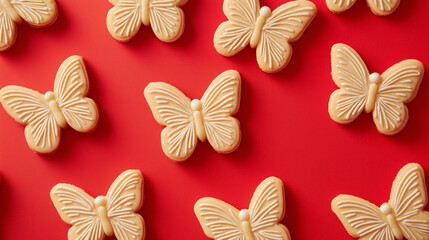 butterfly shaped cookies on red background 