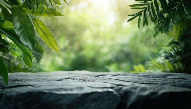 Natural Beauty Display: Empty Stone Table Amid Lush Green Jungle - Ideal For Eco-Friendly Skin Care And Cosmetic Products For Both Genders