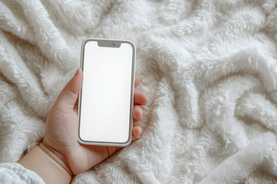 Woman holding white phone, looking at screen with smile. Bright room, green plant in background. Casual attire, natural lighting, calm expression.