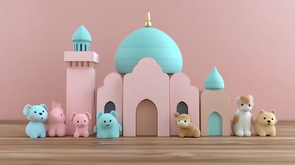 Cute animal toys near pastel mosque model.