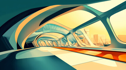 Modern futuristic architectural structures in urban setting. Ironscape. Illustration