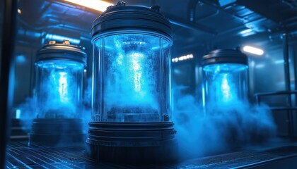 Sci-Fi Cryogenic Hibernation Capsules In The Medical Laboratory Of A Spacecraft: Cryo Chambers And Volumetric Light Effects.
