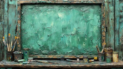   A photo frame perched atop a wooden table with brushes and a brush-dipped cup nearby