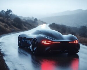 Sleek black sports car driving on a wet road.