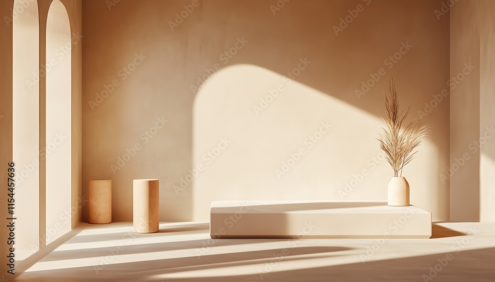 Poster sophisticated product displays: layout in an empty beige room utilizing shadows from a window for a 