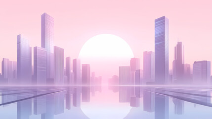 Serene minimalist cityscape at sunrise with geometric skyscrapers and calm color palette. Ironscape. Illustration
