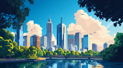 Smart city landscape of melbourne with digital alumni associations reflecting urban of technology and community. Ironscape. Illustration