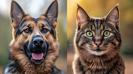 Friendship Portrait of Watchful German Shepherd and Vibrant Tabby Cat in Soft Golden Light : Generative AI