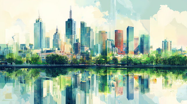Smart city landscape of melbourne with digital alumni associations reflecting urban of technology and community. Ironscape. Illustration
