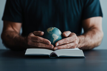 Minimalist depiction of hands holding a book, with a globe rising above, symbolizing education’s global unity. Muted tones create a calm, inclusive, and inspirational theme.