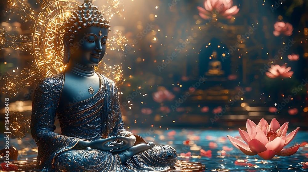 Aufkleber serene buddha statue with lotus flowers and sparks in a mystical setting : generative ai