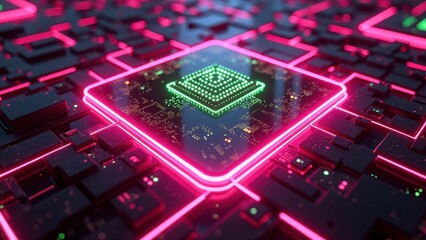 Illuminated Microchip with Neon Circuit Patterns and Glowing Technology Design

