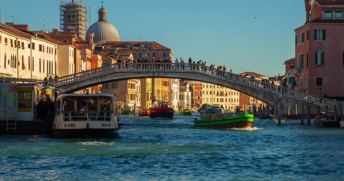 Venice Canals Boats Taxi Bridge Sunny Day Timelapse 4K Italy