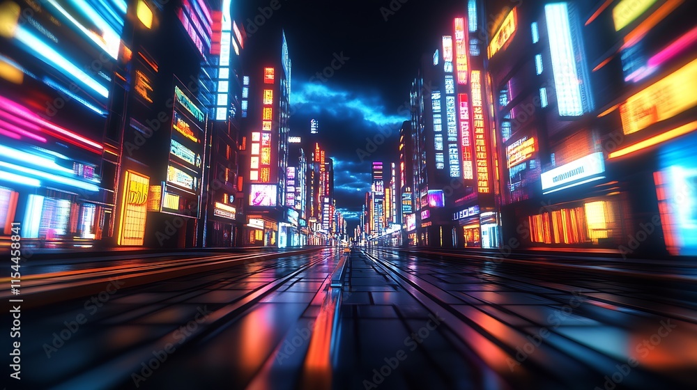 Poster dynamic urban night scene with neon lights and reflections on streets : generative ai