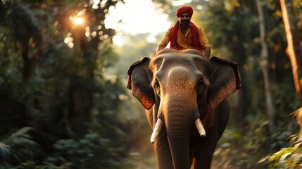 A man in bright traditional attire rides majestically atop an elephant in a sunlit jungle, showcasing a bond between human and nature with cultural significance.