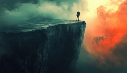 Fearful Man Teetering On The Edge, Hesitant To Leap To The Unknown, Conceptual Art Piece Showing Internal Struggle.
