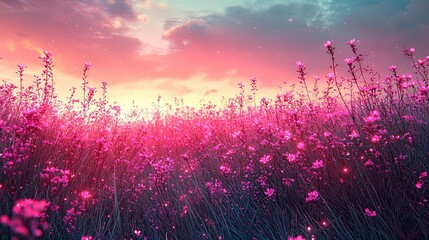   A field full of purple flowers under a pink and blue sky with stars in the sky