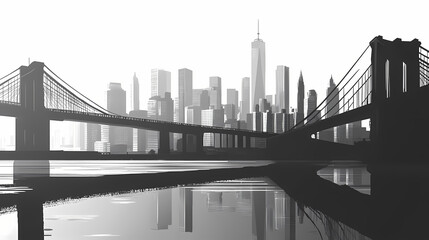 Iconic monochrome skyline of stylized new york city cityscape with dramatic bridge and skyscrapers over tranquil river reflection. Ironscape. Illustration