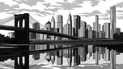 Obraz premium Iconic monochrome skyline of stylized new york city cityscape with dramatic bridge and skyscrapers over tranquil river reflection. Ironscape. Illustration