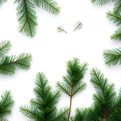Naklejka premium Top view of evergreen branches with a white background, green leaves 