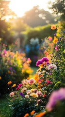 Obraz premium Peaceful Floral Scenery in a Vibrant Summer Garden at Sunrise : Generative AI