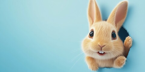 Fototapeta premium A cheerful and lively bunny peeks playfully through a vibrant blue background, embodying the joy and spirit of Easter celebrations with its bright smile and delightful, inviting presence