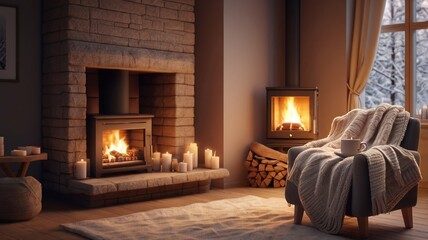 Fototapeta premium cozy and warm fireplace in the living room