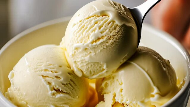 A hand holds a bowl containing three scoops of creamy vanilla ice cream. It's a sunny day, inviting a joyful mood and highlighting indulgence in a sweet, refreshing treat.