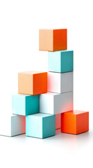 A colorful stack of wooden blocks arranged in a playful, geometric design, showcasing vibrant hues of orange, blue, and white.