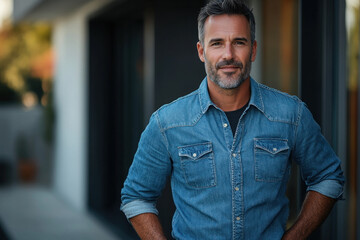 Obraz premium Man in denim shirt outdoors, holding a coffee cup. Trees in background, sunny weather.