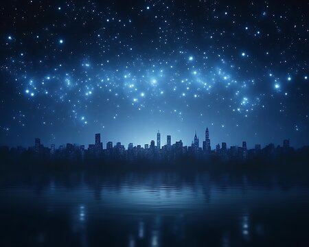 City skyline at night under starry sky reflected in water.